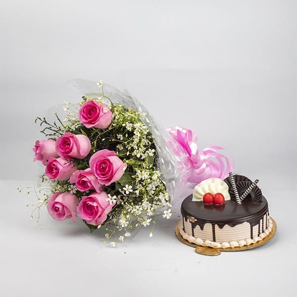 Pink Rose Bunch with Cake Combo