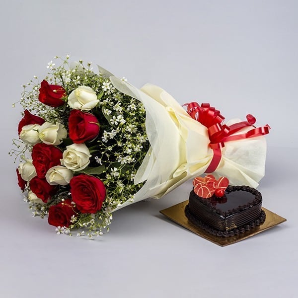 Red And White Roses & Heart Shape Cake