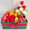 Fresh Fruits with Red & White Flowers In Green Box