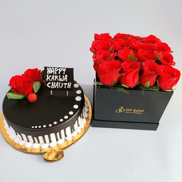 Special Karva Chauth Red Roses Box & Chocolate Cake