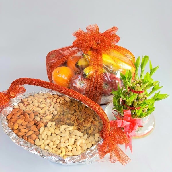 Lucky Bamboo Plant With Dry Fruit Basket & Fruit Basket