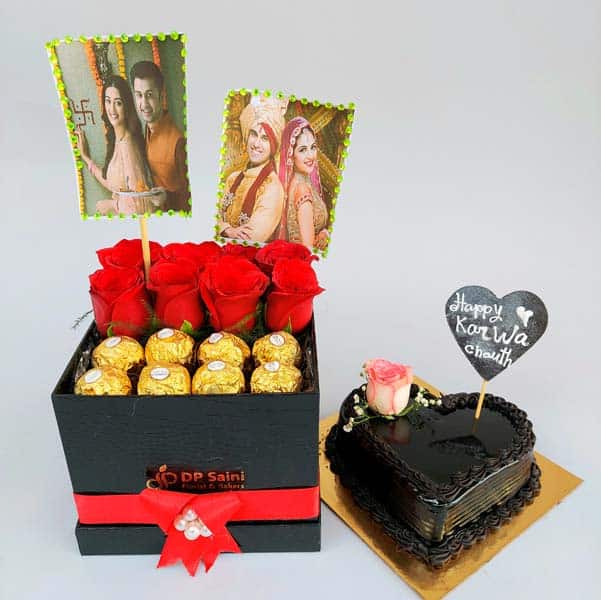 Half Kg Truffle Heart Cake & Red Roses, Rocher Box