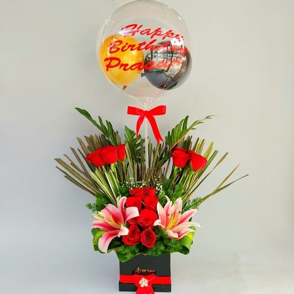 Air Balloon with Flower Arrangement (with customised name)