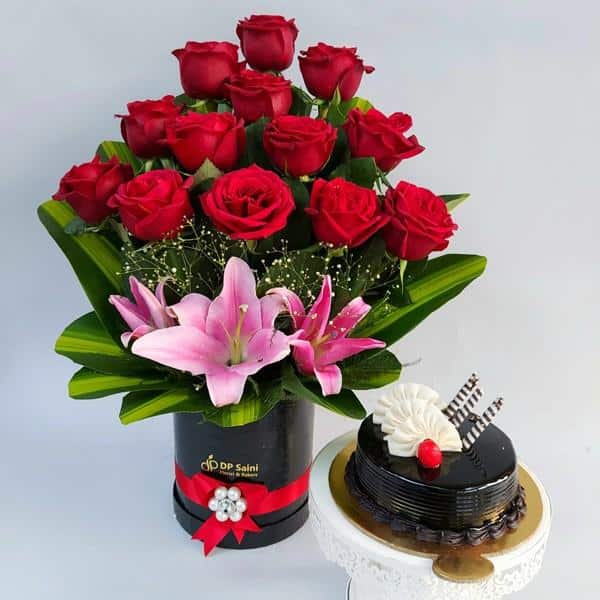 Premium Box of Rose & Lilies with Cake in Faridabad - DP Saini Florist ...