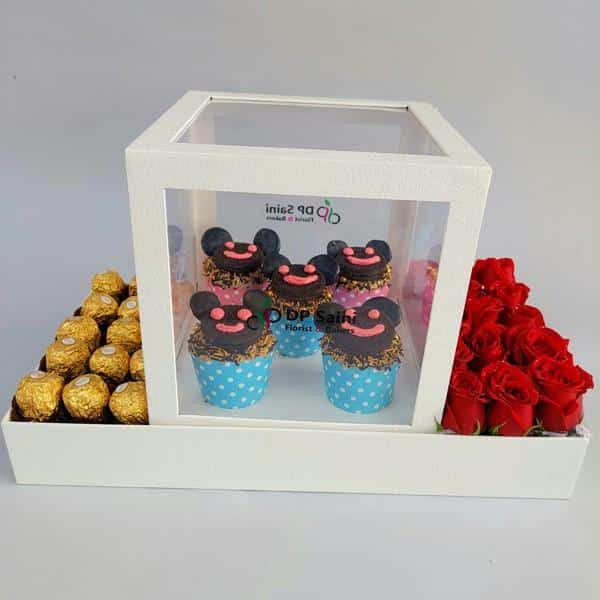 Premium Box of Rocher, Rose & Cupcakes