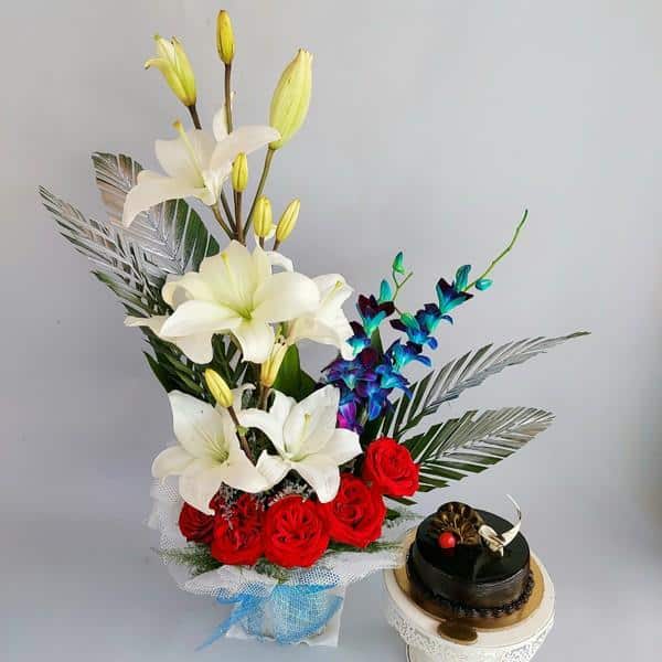 Basket of Mix Flowers with Cake