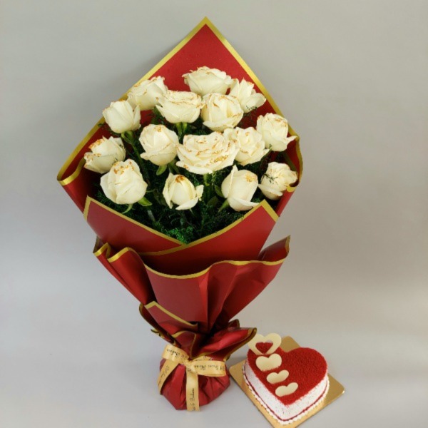 White Rose Bunch & Red Velvet Cake