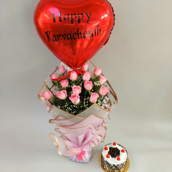 Foil Balloon (Karwachauth Special) with Pink Rose Bunch & Cake