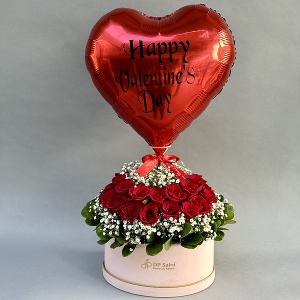 Red Rose with Foil Balloon (Happy Valentine's Day) in Box
