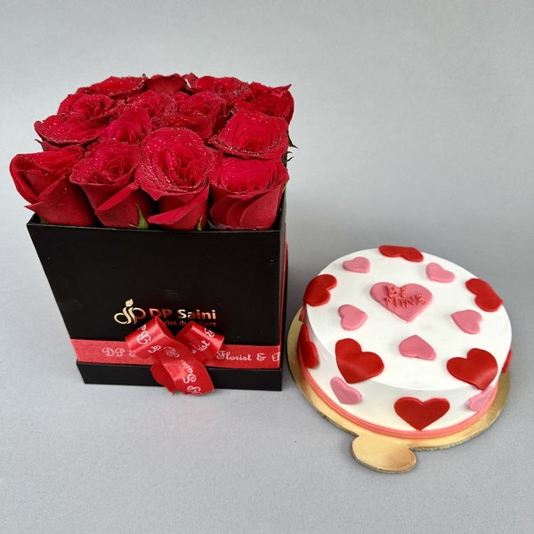 Red Rose Box with Strawberry Cake