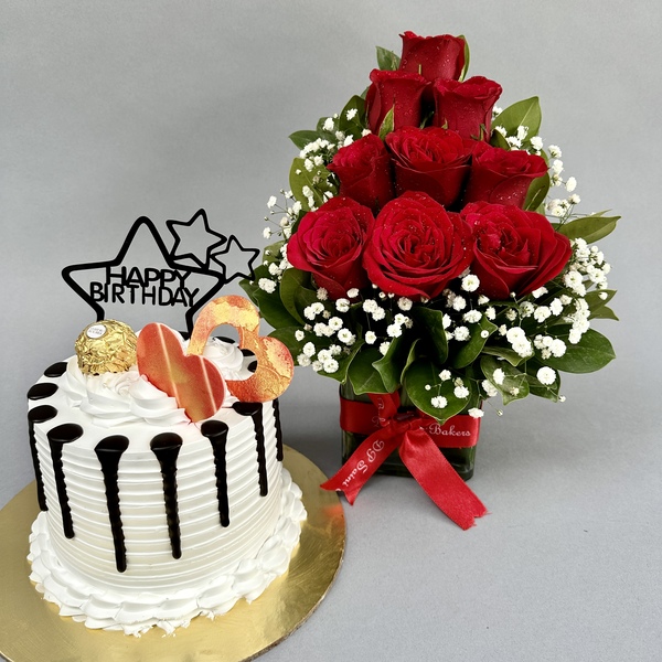 Red Rose in Vase with Black Forest Cake