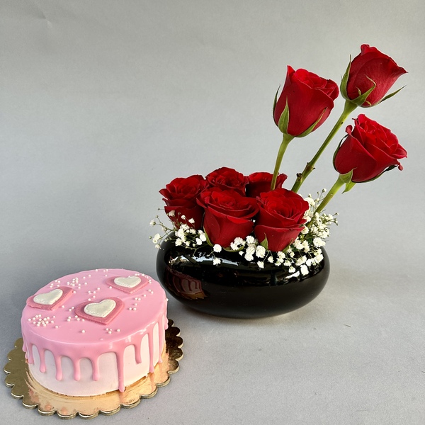 Red Rose in Ceramic Pot with Cake