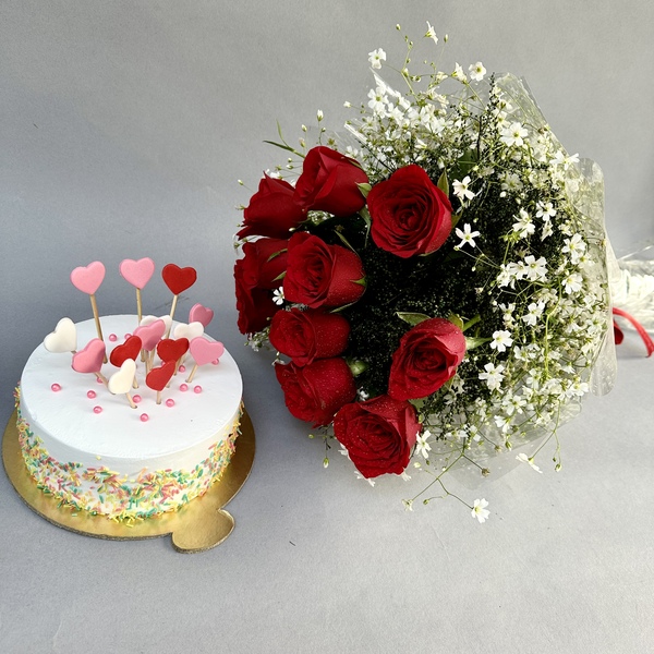 Red Rose Bunch with Cake
