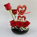 Red Roses with Heart Sticks in cermaic pot
